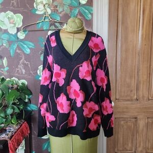 CAbi Floral Sweater Womens M Black Pink V-Neck Soft Knit Bold Flower Cozy